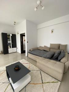 a living room with a couch and a table at Apartament Debres Concept in Aiud