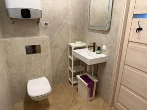 a small bathroom with a sink and a toilet at Domki i pokoje goscinne A A Malinowscy in Stegna +98 photos