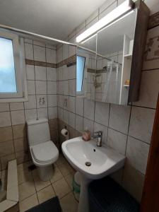 a bathroom with a sink and a toilet and a mirror at DiPo's Beachside House with Sea View in Samos +24 photos