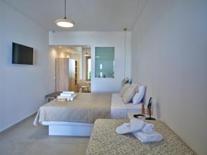 a bedroom with two beds and a mirror at Rocaia Mini Suites Naousa in Naousa +71 photos