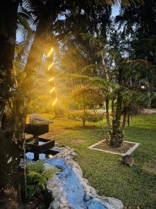 a park with a bench and a tree with lights at Merlot in Deniyaya
