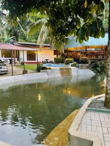 a pond in the middle of a yard with a house at Merlot in Deniyaya