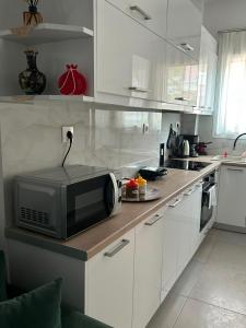 a kitchen with white cabinets and a microwave on a counter at IRIS Apartment in Loutraki