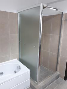 a shower with a glass door next to a sink at Hotel Venus in Slănic-Moldova