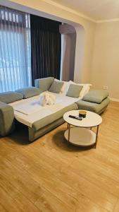 a living room with a couch and a table at Apart Central in Orşova +42 photos
