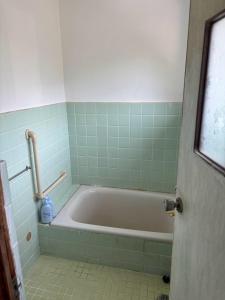 a bath tub in a bathroom with green tiles at ゲストハウス奥白浜 in Shirahama