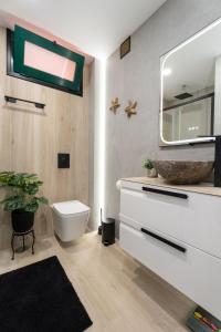 a bathroom with a toilet and a sink and a mirror at Paz Ocean View Luxury, 2 Air conditioners, Fast Wifi, Heated pool in San Miguel de Abona