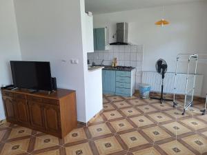 a kitchen with a flat screen tv on a wooden floor at Veszei Apartman in Békéscsaba