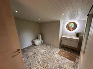 a bathroom with a toilet and a sink and a mirror at Mäeotsa Country House in Laulasmaa +5 photos