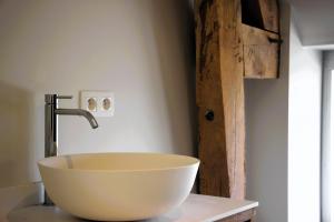 a bathroom with a bowl sink on a counter at Het Plategoed in Oosthoek
