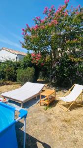 a picnic table and two chairs in a yard at Studio Saint Julien de Concelles 5 minutes de la Loire in Saint-Julien-de-Concelles