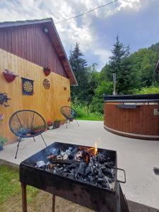 a fire pit in a yard with a building at Cabana Acasă la Delia in Gârda de Sus