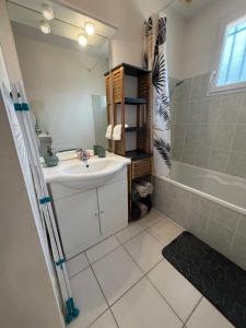 a bathroom with a sink and a shower and a tub at La Parenthèse Immo in Amilly +14 photos