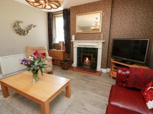 a living room with a tv and a fireplace at Waterside Lodge in Lockerbie