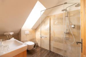 a bathroom with a shower and a toilet and a sink at Frühstückspension Kleinschuster in Burgau +30 photos