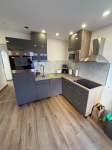 a kitchen with stainless steel appliances and wooden floors at Sam Apartments LU/Oppau in Ludwigshafen am Rhein
