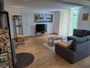 a living room with a couch and a tv at Le Pélerin in Saignelégier