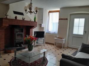 a living room with a couch and a fireplace at Oustal marcellin in Fanjeaux