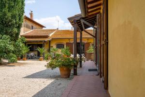 a walkway outside of a building with potted plants at Bed and Breakfast Torrette Etrusche in Capalbio