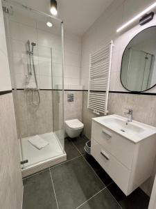 a bathroom with a shower and a sink and a toilet at Hotel&Restauracja Zamek Bytów in Bytów