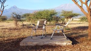 two chairs sitting on a stone slab in a field at I love Amboseli in Kimana