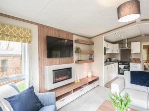 a living room with a tv and a fireplace at Marlow Lodge in Hyssington