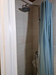 eine Dusche mit blauem Duschvorhang in einem Badezimmer in der Unterkunft Central Spot 9 in Korfu-Stadt