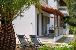 two chairs sitting in front of a house with a palm tree at Flower in Skiathos