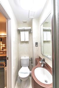 a bathroom with a toilet and a sink and a mirror at The Nayland Hotel in London
