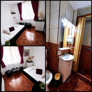 two pictures of a bathroom with a toilet and a sink at Sea View Smart Choice in Costinesti