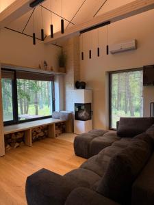 a living room with two couches and a fireplace at Beiri in Dravnieki