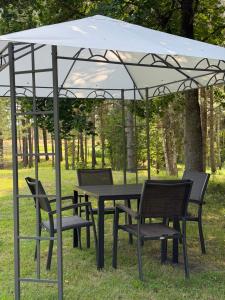 a picnic table and chairs under a white canopy at Beiri in Dravnieki