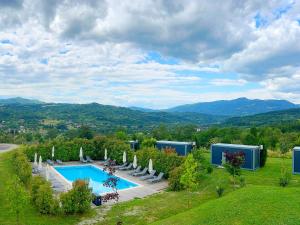 an overhead view of a pool with chairs and umbrellas at FLANDRA Glamping in Corbeni
