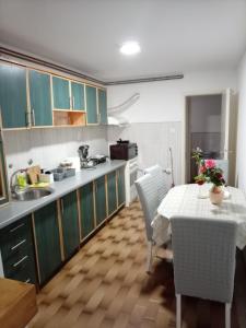 a kitchen with a table and chairs and a table and a kitchen with a kitchen at Dana in Trnava