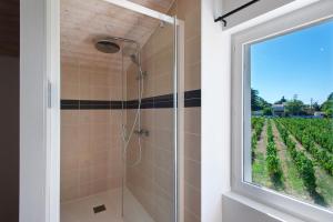 a bathroom with a shower with a window and a vineyard at Chambre d'hôtes Château Austerlitz in Libourne +9 photos