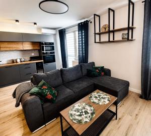 a living room with a couch and a table at Loft No 35 Premium Apartment in Głogów +4 photos