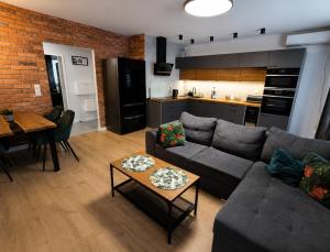 a living room with a couch and a table at Loft No 35 Premium Apartment in Głogów