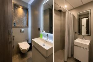 two pictures of a bathroom with a sink and a toilet at stay elan in Greater Noida