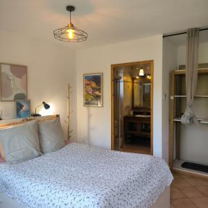 a bedroom with a large bed and a bathroom at Chambre Studette indépendante in Briançon