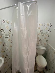 a bathroom with a toilet and a shower curtain at El Nido in Samaipata