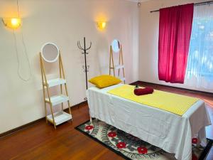 a bedroom with a bed and a mirror and red curtains at Nikkita Wellness Spa in Pretoria
