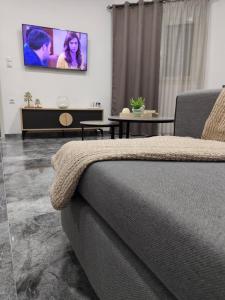 ein Wohnzimmer mit Bett und Flachbildfernseher in der Unterkunft Christo Central in Kefalos