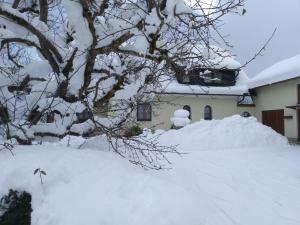 a pile of snow in front of a house at Ferienwohnung Feichter in Gersdorf
