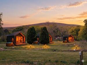 a group of cottages in a field at sunset at Rosetta Retreats in Peebles