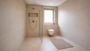 a bathroom with a shower and a toilet and a window at Ferienhaus Elbdeichblick 1 in Haselau +12 photos