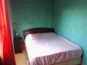 a bedroom with a bed with a green wall at Hostel Lo de Milton in Barra de Valizas