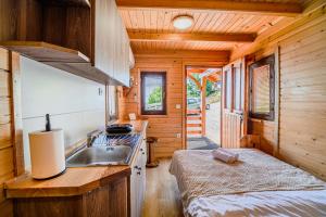 a kitchen with a sink and a bed in a log cabin at Tiny Panorama Cottages in Kamnik