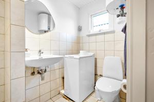 a small bathroom with a sink and a toilet at Summer House Near The Sea And Good Experiences in Børkop +31 photos