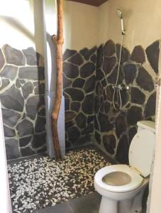 a bathroom with a toilet and a rock wall at Sunrise Lodge and Lounge Hotel in Panji +29 photos