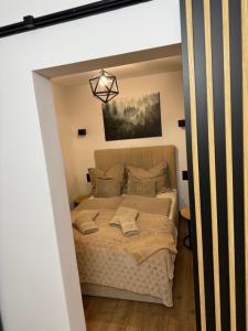 a bedroom with a large bed in a room at Apartament z Balią in Świeradów-Zdrój